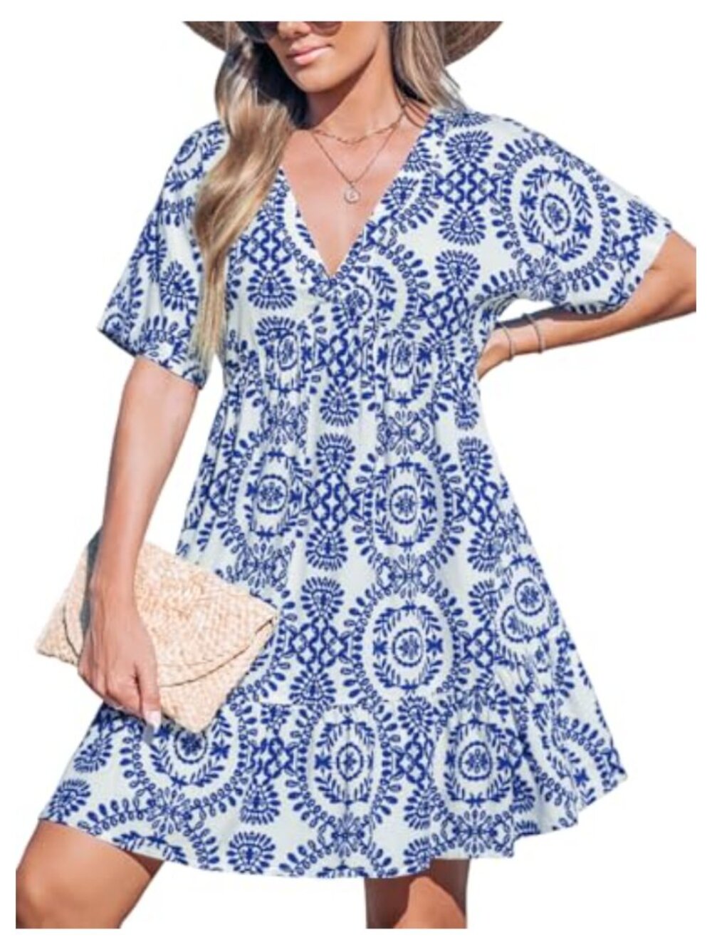 CUPSHE Women's Mini Beach Summer Dress V Neck Short Sleeve Smocked High Waist